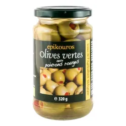 Masline verzi bio umplute cu ardei rosu, in saramura, 320g Epikouros Masline verzi bio umplute cu ardei rosu, in saramura, 320g Epikouros