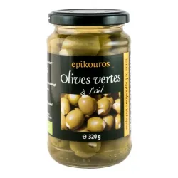 Masline verzi bio umplute cu usturoi in saramura, 320g Epikouros Masline verzi bio umplute cu usturoi in saramura, 320g Epikouros