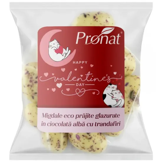 Migdale bio prajite, glazurate in ciocolata alba cu trandafiri, 50g