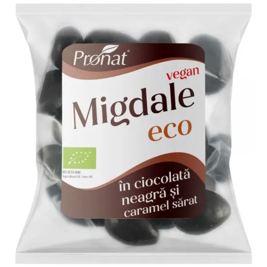 Migdale bio prajite si sarate glazurate in ciocolata neagra si caramel sarat 50g Pronat