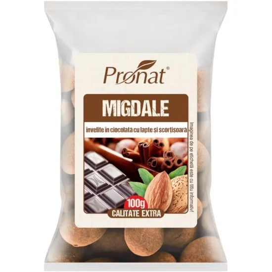 Migdale invelite in ciocolata cu lapte si scortisoara, 100g Pronat