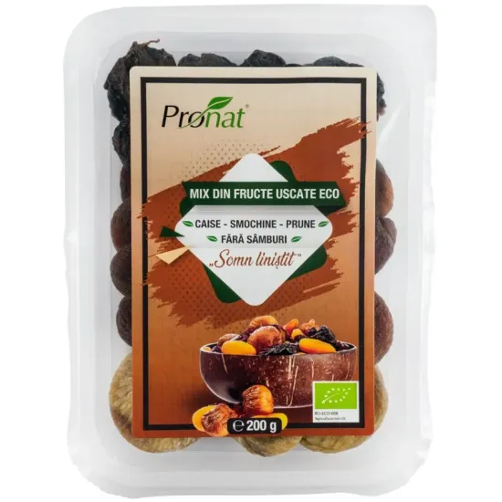 Mix de fructe uscate bio Somn linistit, caise, smochine si prune, fara samburi, 200g Pronat