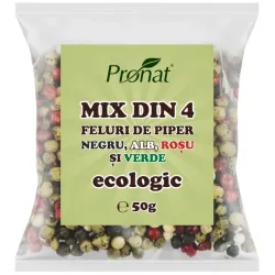 Mix din 4 feluri de piper bio negru, alb, rosu si verde, 50g Pronat Mix din 4 feluri de piper bio negru, alb, rosu si verde, 50g Pronat