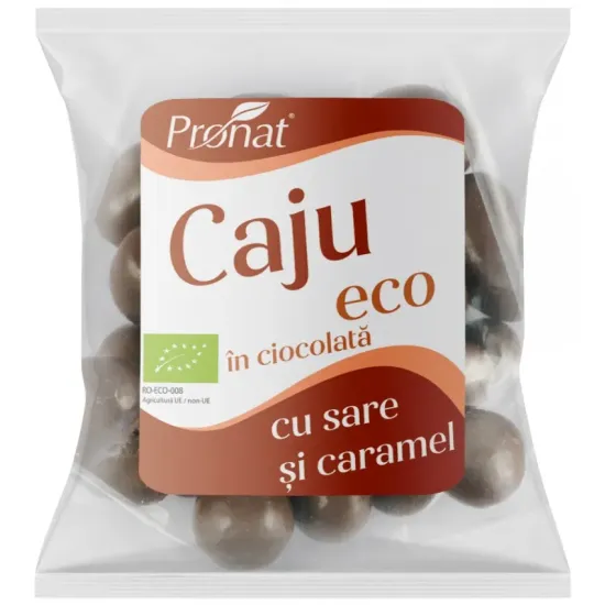 Nuci caju bio glazurate in ciocolata cu lapte cu aroma de caramel sarat 50g Pronat