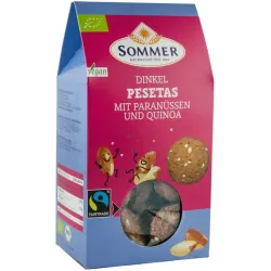 Pesetas biscuiti bio din faina de grau spelta cu nuci braziliene si quinoa, fairtrade, 150g Sommer Pesetas biscuiti bio din faina de grau spelta cu nuci braziliene si quinoa, fairtrade, 150g Sommer