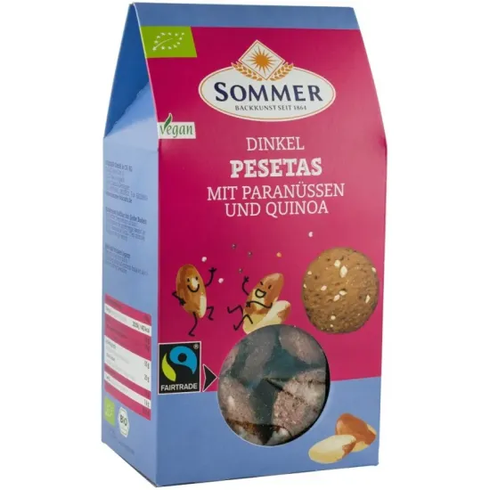 Pesetas biscuiti bio din faina de grau spelta cu nuci braziliene si quinoa, fairtrade, 150g Sommer