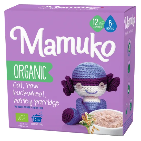 Porridge din 3 cereale ovaz, hrisca si orz bio, 6+ luni, 200g Mamuko