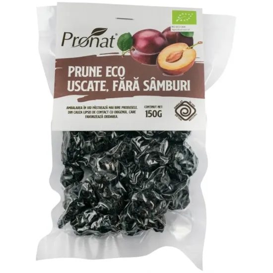 Prune bio uscate, fara samburi, 150g Pronat