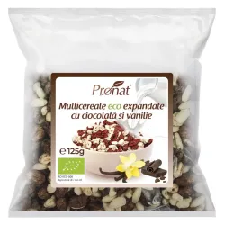 Pufarine bio din multicereale cu ciocolata si vanilie, 125g Pronat Pufarine bio din multicereale cu ciocolata si vanilie, 125g Pronat