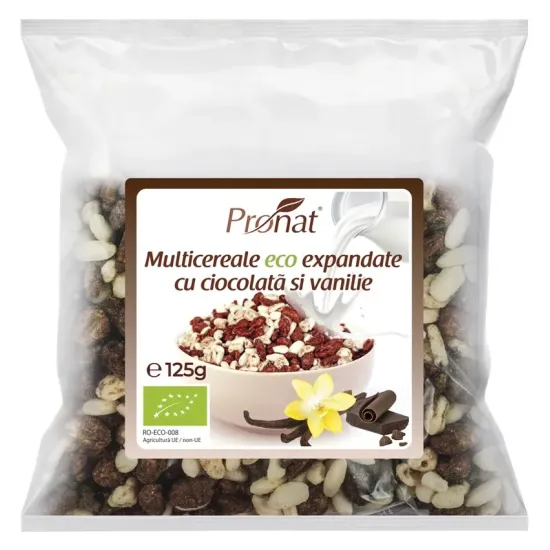 Pufarine bio din multicereale cu ciocolata si vanilie, 125g Pronat