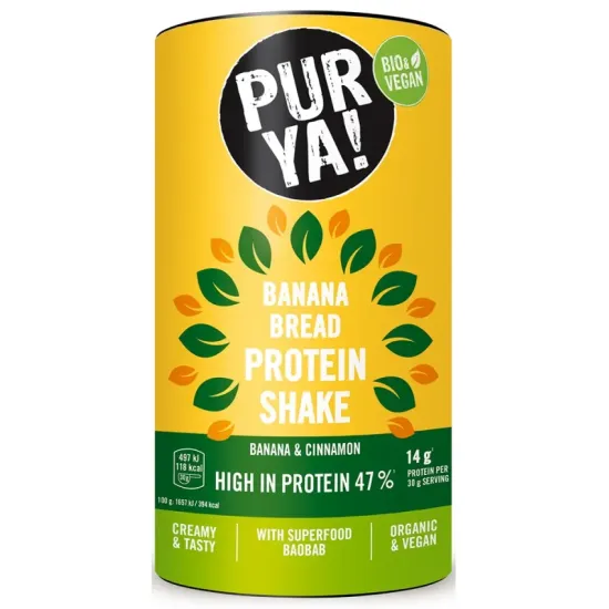 Pulbere bio pentru shake proteic cu banane si scortisoara, 47% proteina, 480g Pur Ya