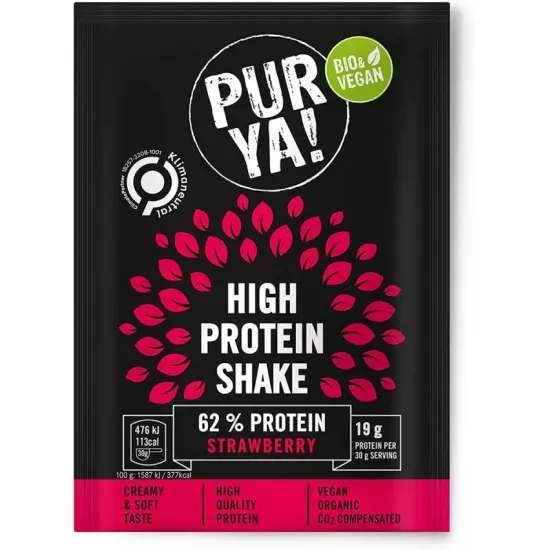 Pulbere bio pentru shake proteic cu capsuni, 62% proteina, 30g Pur Ya