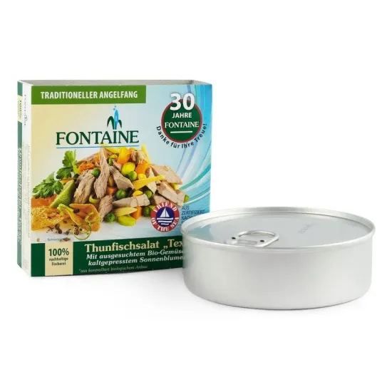 Salata de ton Texas cu legume bio si ulei de floarea soarelui presat la rece, 200g Fontaine