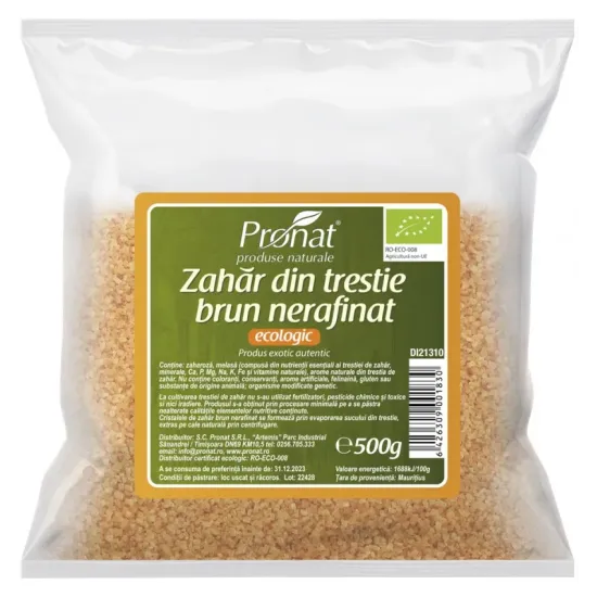 Zahar brun bio din trestie de zahar, 500g Pronat