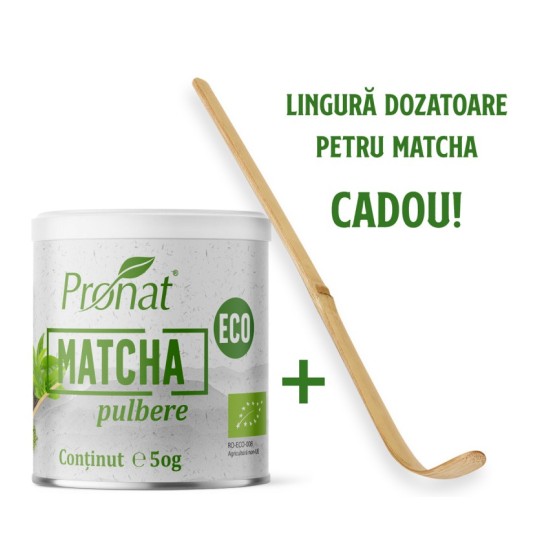 Matcha bio pulbere, 50g Pronat + lingura dozatoare pentru matcha cadou